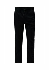 Pantalones negros de tela suave, con una cinturilla elástica y cordón ajustable, corte slim y una textura suave.
