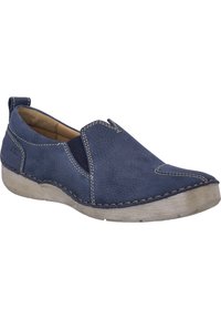 Navy slip-on shoe made of textured leather with elastic side accents, contrasting stitching, and a rubber sole with a slight heel.