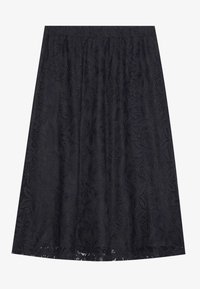 Jupe en dentelle bleu marine, avec un motif floral, un design évasé et une taille froncée pour un aspect texturé.