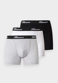 Trois boxers pour hommes en gris, blanc et noir, chacun doté d'une ceinture noire avec le logo blanc "Buroco".
