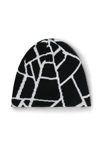 Berretto di maglia nero con un motivo geometrico bianco. Texture liscia e design a cupola. Nessun marchio o hardware visibile.