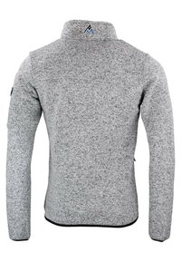 Veste en polaire grise avec un col haut, une texture subtile et des finitions noires contrastantes au niveau des poignets et de l'ourlet. Logo au dos.