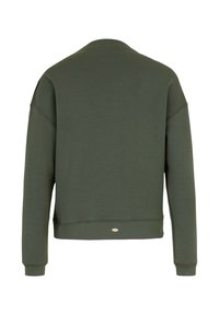 Olive green sweatshirt with long sleeves, crew neck, ribbed cuffs, and a small logo accent at the hem. Soft, textured fabric.