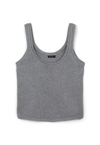 Débardeur court en tricot gris sans manches avec de larges bretelles et un col arrondi, posé à plat sur un fond blanc.
