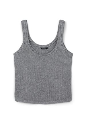 Top corto senza maniche grigio a maglia, con spalline larghe e scollatura rotonda, poggiato su uno sfondo bianco.