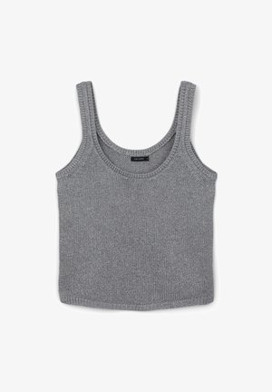 Débardeur court en tricot gris sans manches avec de larges bretelles et un col arrondi, posé à plat sur un fond blanc.