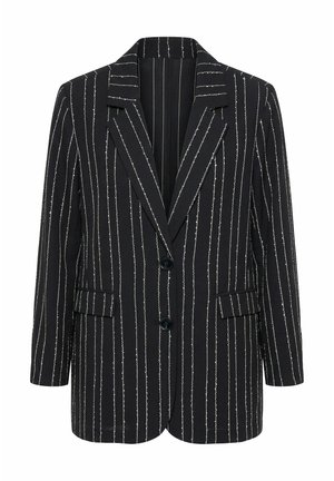 Zwarte blazer met witte verticale krijtstrepen, twee knopen, een ingestikte revers en klepzakken, weergegeven op een witte achtergrond.