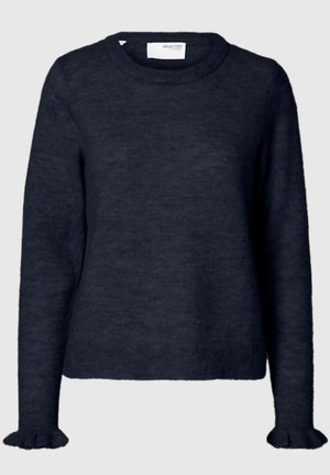 Dark navy sweater made of soft knit material. Features a round neck and flared cuffs at the wrists. Straight-cut design.