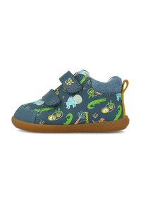 Zapatos infantiles en azul oscuro con estampados de animales, que cuentan con una suela de goma texturizada, duales correas de velcro y un forro de tela suave.