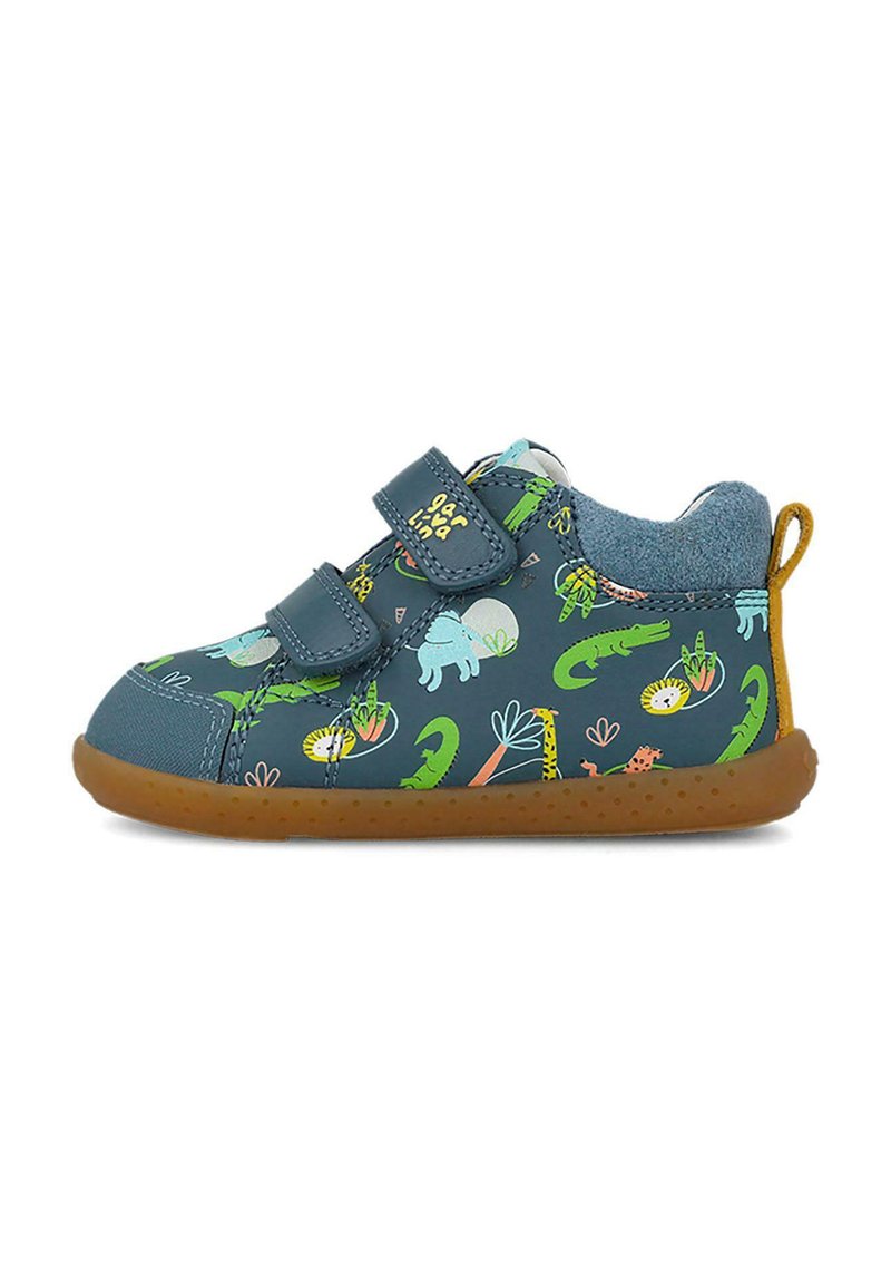 Zapatos infantiles en azul oscuro con estampados de animales, que cuentan con una suela de goma texturizada, duales correas de velcro y un forro de tela suave.