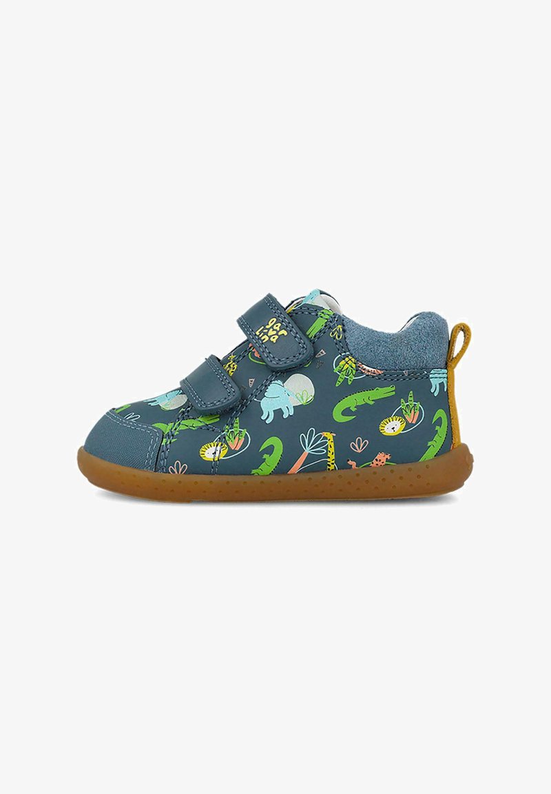 Zapatos infantiles en azul oscuro con estampados de animales, que cuentan con una suela de goma texturizada, duales correas de velcro y un forro de tela suave.