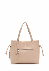 Light pink leather tote bag with two handles, a front zip pocket, and side tassels. Smooth texture with minimalist design and gold accents.