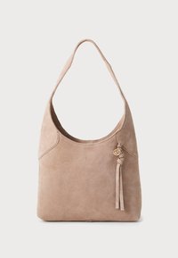 Sac à épaule en daim beige clair, présentant une large ouverture, une forme arrondie, un détail de pompon noué et un accent décoratif en or.