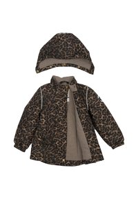 Leopardenmuster-Jacke mit passender Kapuze, in Braun- und Beigetönen, weiche Innenfütterung, vordere Druckknopfverschlüsse, elastische Bündchen und Taschen-Details.