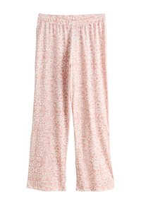 Pantalon ample avec ceinture élastique, présentant un motif floral complexe rose clair et blanc.