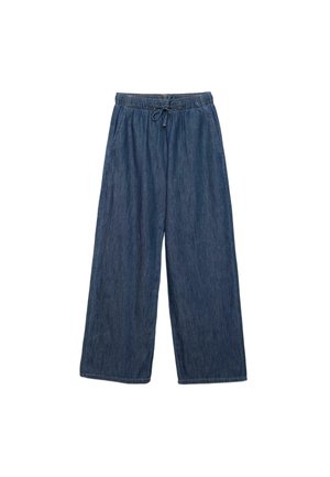 Blue denim wide-leg pants with elastic waistband and drawstring, featuring side pockets on a white background.