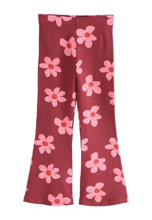 Mørkerøde bukser med vide ben med stort blomstermønster i pink og rød jævnt fordelt på stoffet.