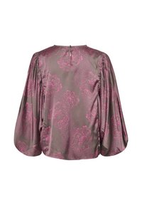 Satin blouse with a floral pattern in pink on a gray background. Features puff sleeves and a keyhole back closure. Smooth texture.
