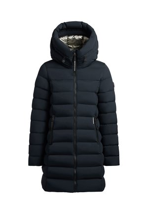 Langer schwarzer gepolsterter Wintermantel mit hohem Kragen, Kapuze mit metallischer Innenauskleidung, Frontreißverschluss und seitlichen Reißverschlusstaschen.