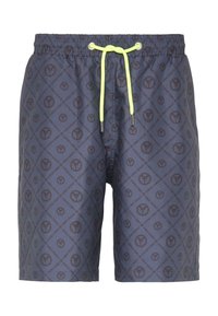 Men's swim shorts in dark blue fabric with a diamond pattern and leaf logos, featuring an elastic waistband with bright yellow drawstring accents.