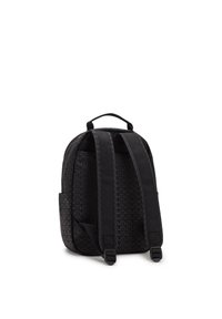 Black fabric backpack with a subtle patterned texture, adjustable straps, and a top handle; features a side pocket for additional storage.