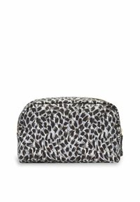 Cosmetica tas in een zwart-wit abstract patroon met een ritssluiting. Gemaakt van stof met een gestructureerd oppervlak. Accenten in goudkleurig metaal.