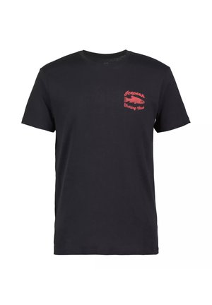 T-shirt noir à manches courtes avec texte rouge "Jeepeak Fishing Club" et motif poisson sur la poitrine gauche.