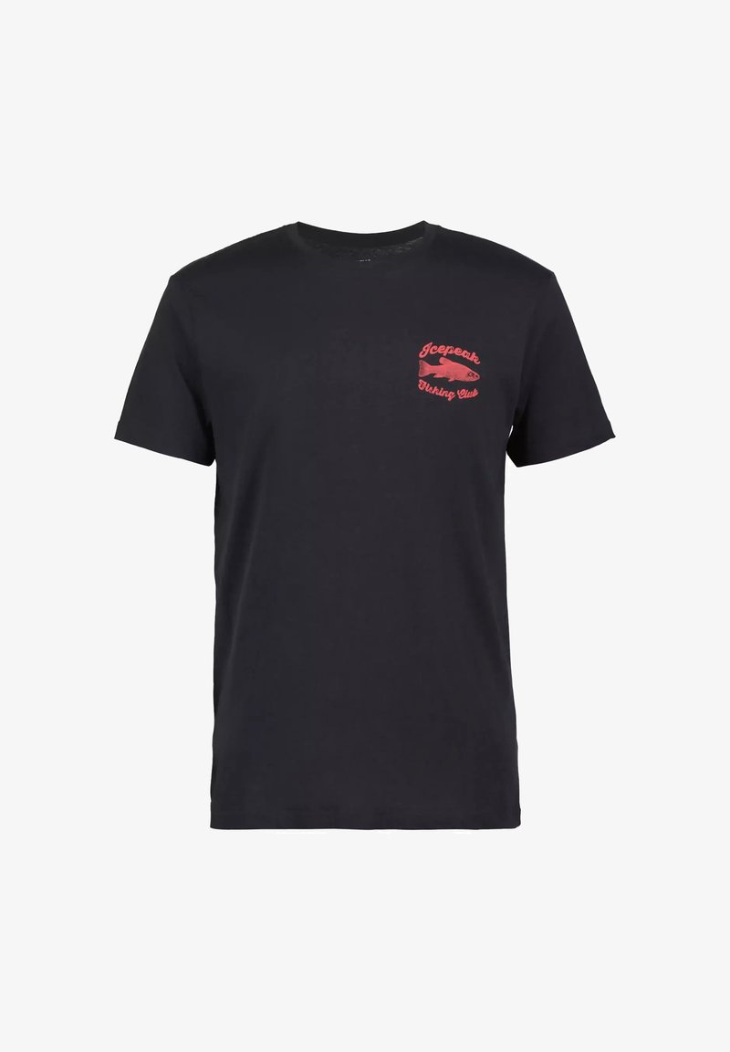 T-shirt noir à manches courtes avec texte rouge "Jeepeak Fishing Club" et motif poisson sur la poitrine gauche.