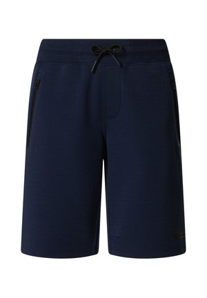 Navy blue men's shorts with elastic waistband, black drawstring, and zippered side pockets, designed for casual or athletic wear.