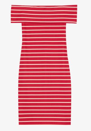 Rød og hvit striped off-the-shoulder bodycon-kjole med en tettsittende fasong og ribbet tekstur. Har horisontale striper over hele kjolen.