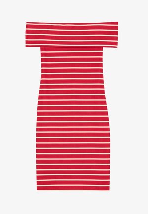 Rot-weißer, gestreifter Off-Shoulder-Bodycon-Kleid mit taillierter Form und gerippter Textur. Enthält horizontale Streifen überall.