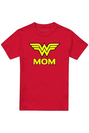 Red t-shirt with a large yellow Wonder Woman logo above the word “MOM” in bold yellow letters on the chest.