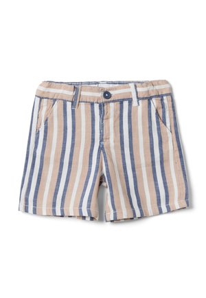 Kinderhosen mit vertikalen beigen, weißen und blauen Streifen, vorderer Knopf, Gürtelschlaufen und Seitentaschen, flach auf weißem Hintergrund liegend.