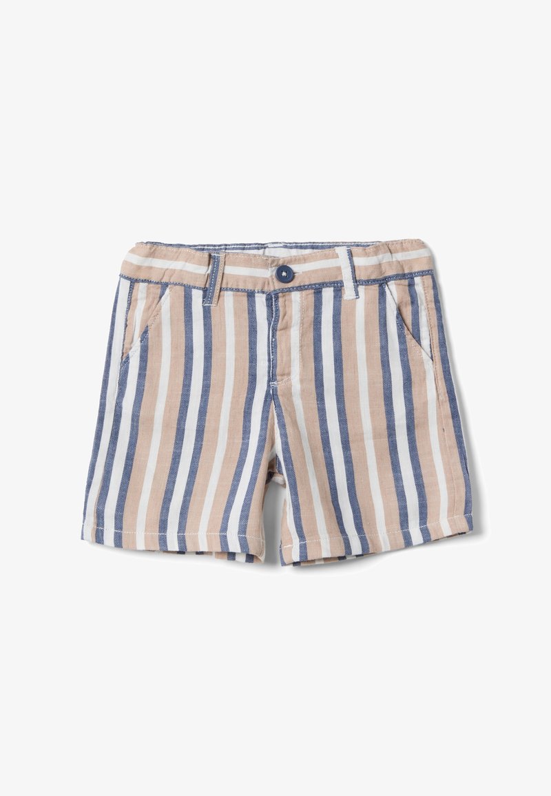 Pantaloncini per bambini con righe verticali beige, bianche e blu, bottone frontale, passanti per cintura e tasche laterali, disposti in piano su sfondo bianco.