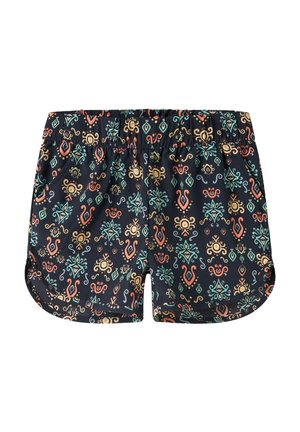 Czarne szorty z elastycznym pasem, ozdobione kolorowymi geometrycznymi i kwiatowymi wzorami w odcieniach pomarańczowego, żółtego, zielonego i niebieskiego.