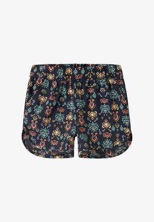 Shorts à taille élastique noire avec des motifs géométriques et floraux colorés en orange, jaune, vert et bleu.