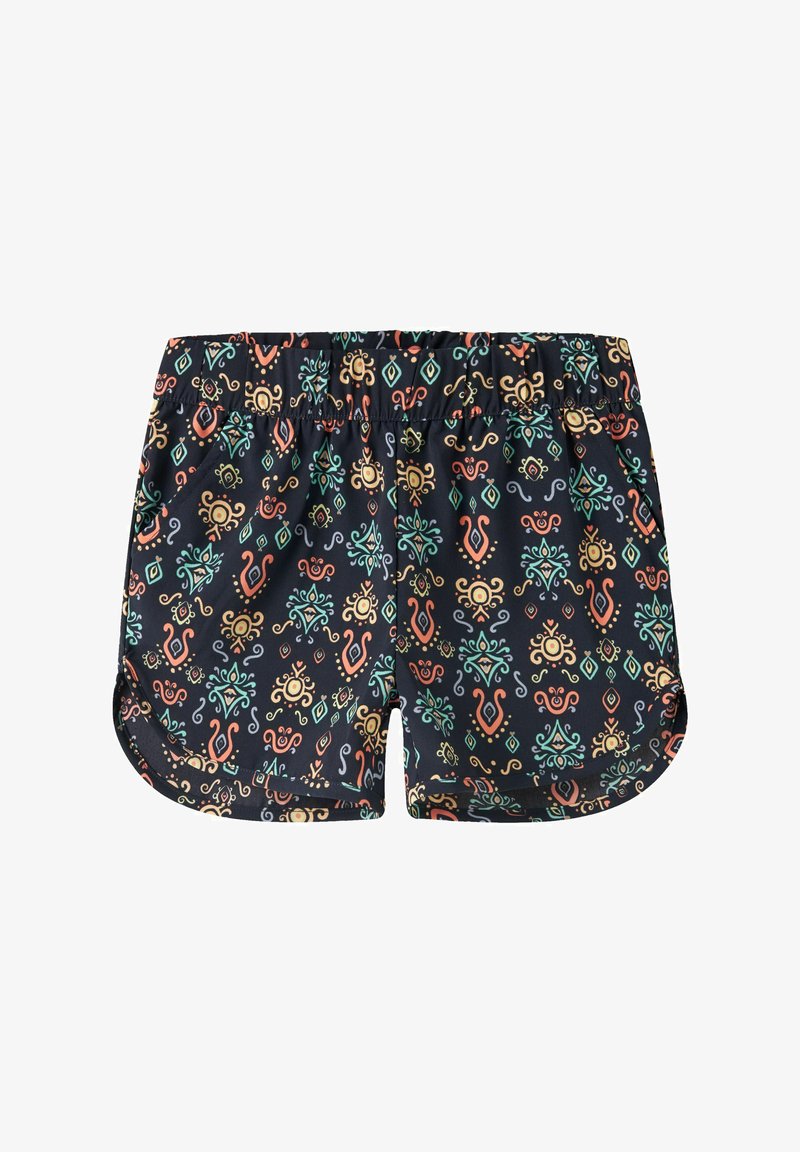 Schwarze Shorts mit elastischem Bund und bunten geometrischen sowie floralen Mustern in Orange, Gelb, Grün und Blau.