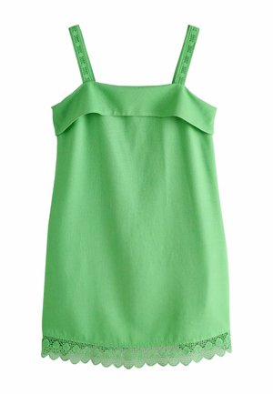 Zielona sukienka bez rękawów z ramiączkami wykończonymi koronką i marszczonym koronkowym brzegiem, z detalem złożonego dekoltu.