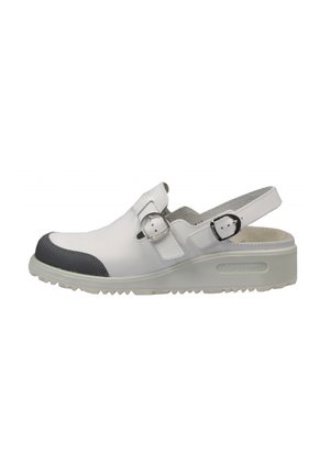 White closed-toe sandal with gray reinforced toe cap, two adjustable metal buckles, and a textured sole for slip resistance.