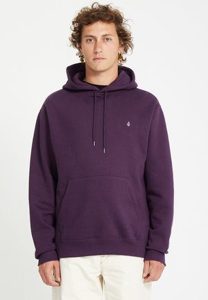 Purple hoodie with a kangaroo pocket, drawstrings, ribbed cuffs, and a small logo on the chest. Made of soft fabric, relaxed fit.