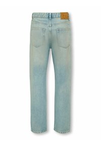 Gai zili džinsi ar taisnu kāju dizainu, kuram ir ādas uzlīme jostasvietā un divi aizmugurējie kabatas ar izšūtām šuvēm.