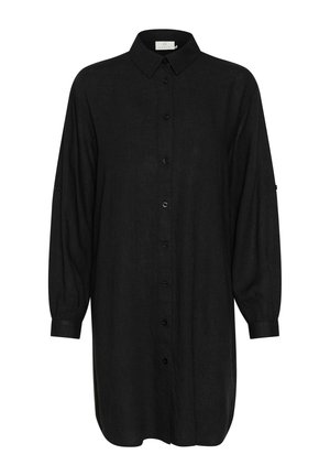 Camicia nera button-up in lino, con maniche lunghe e polsini, colletto e vestibilità comoda. Texture liscia senza motivi.