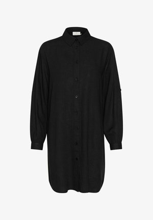 Black button-up shirt made of linen, featuring long sleeves with cuffs, a collared neck, and a relaxed fit. Smooth texture with no patterns.