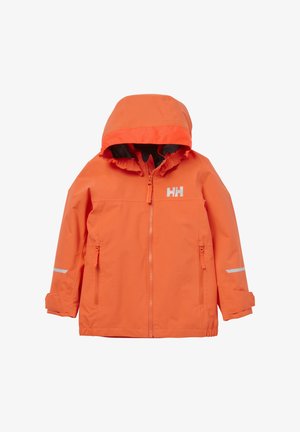 Oranžová nepromokavá bunda s kapucí, předním zipem, dvěma bočními kapsami a reflexními prvky. Texturovaná látka s nastavitelnými manžetami.