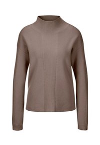Brauner Rollkragenpullover mit geripptem Kragen und vertikalen Rippmustern. Lockere Passform mit langen Ärmeln und strukturiertem Finish.