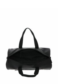 Sac polochon noir en matière lisse, avec deux poignées, une grande ouverture zippée et une poche intérieure pour l'organisation.