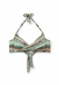 Indbundet bikini top i en tie-dye mønster med nuancer af teal, lysegrøn og varm rust. Blødt stof med justerbare halterneck stropper.