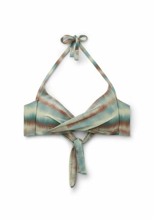 Bikini-Oberteil mit einem Batikmuster in verschiedenen Grüntönen, Teal und warmem Rostrot. Weicher Stoff mit verstellbaren Trägern.