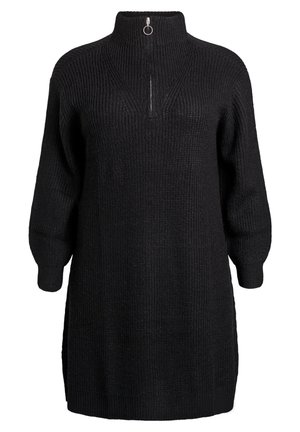 Abito in maglia nera con collo alto, chiusura a zip parziale e maniche a palloncino. Presenta una texture a costine e spaccature laterali all'orlo.
