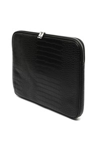 Black crocodile-embossed laptop sleeve with a smooth texture, zip closure, and rectangular shape, featuring silver hardware accents.